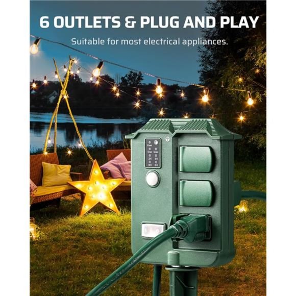 Outdoor Power Stake Timer Waterproof, 100FT Wireless Remote Control, 6 Outlets - Picture 5 of 6